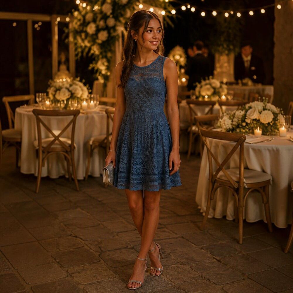 Skies Are Blue Lace Dress Sz 6 Slate Blue Sleeveless Wedding Guest Coquette Soft